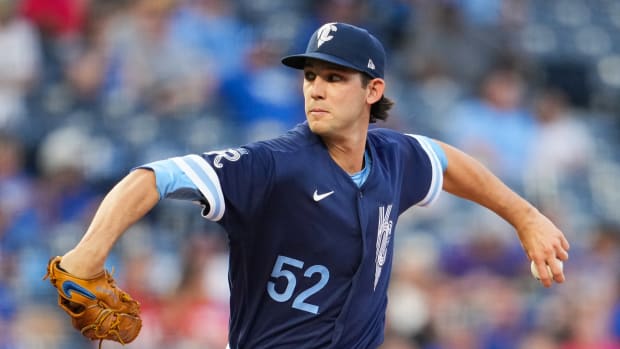 Sep 9, 2022; Kansas City, Missouri, USA; Kansas City Royals starting pitcher Daniel Lynch (52) pitches against the Detroit Tigers during the first inning at Kauffman Stadium. Mandatory Credit: Jay Biggerstaff-USA TODAY Sports